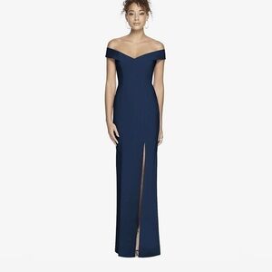 Dressy Collection navy off the shoulder cross back gown size 6. NWT